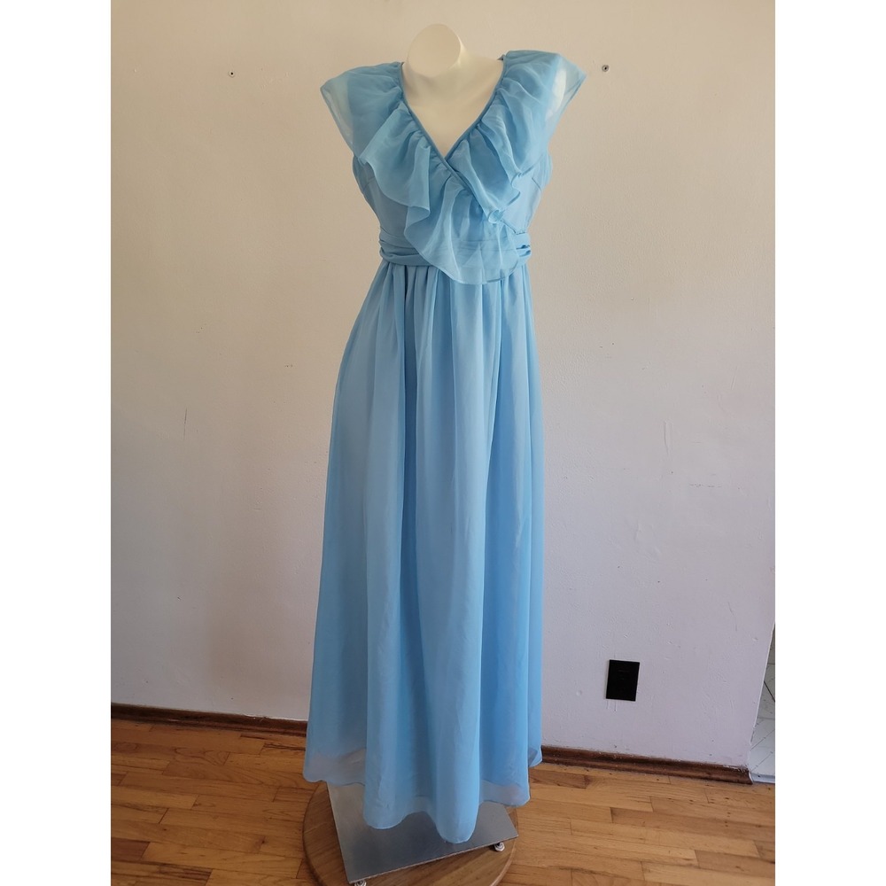Vintage 70s Handmade Chiffon Maxi Dress Medium Blue Ruffle Cottagecore Princess
